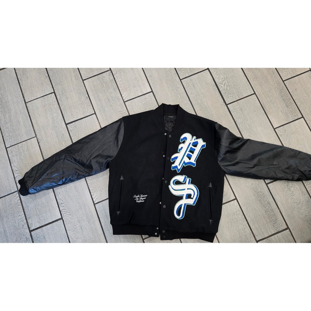 PacSun Mens XL Black Varsity Jacket Faux Leather Sleeves Chenille Patch Bomber